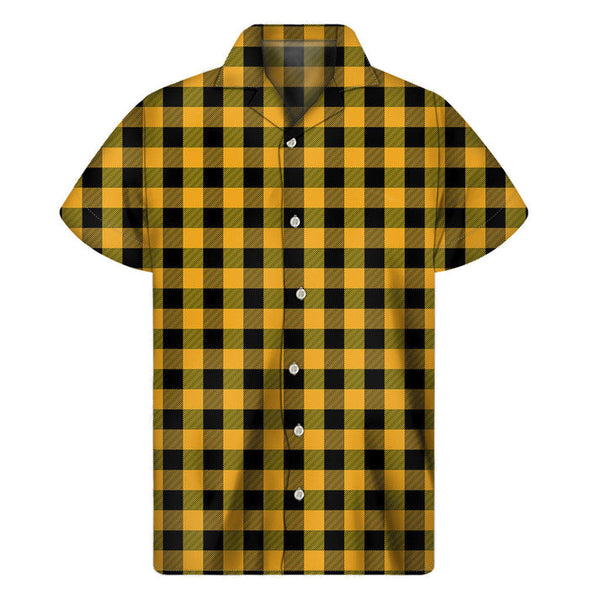Sunny Hawaiian Vibes: Men's Fire Yellow Buffalo Check Pattern Short Sleeve Shirt