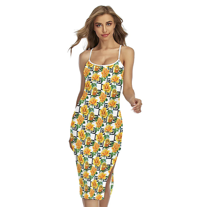Yellow Watercolor Rose Print Cross Back Cami Dress
