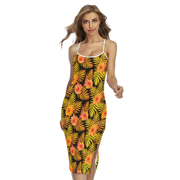 Yellow Hawaiian Tropical Pattern Print Cross Back Cami Dress