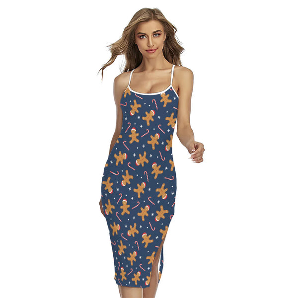 Xmas Gingerbread Man Pattern Print Cross Back Cami Dress
