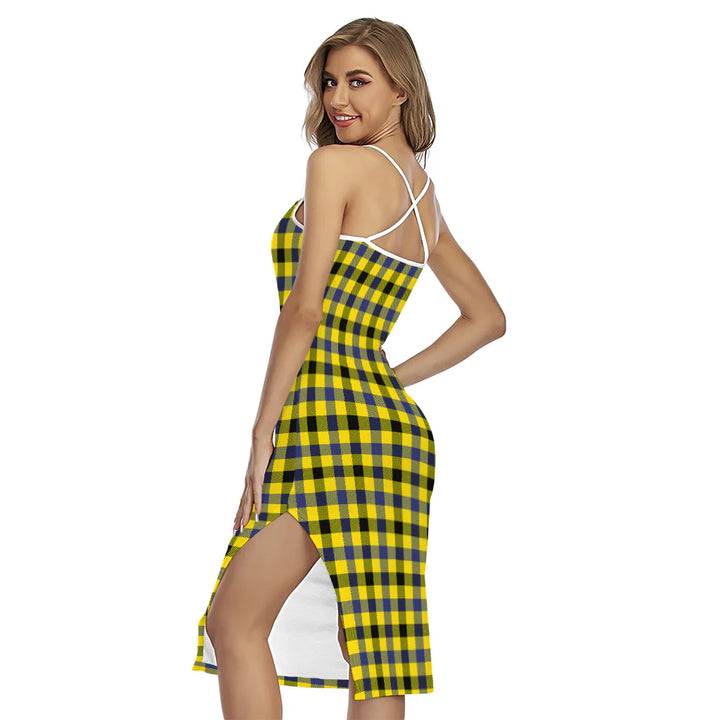 Yellow Black And Navy Plaid Print Cross Back Cami Dress